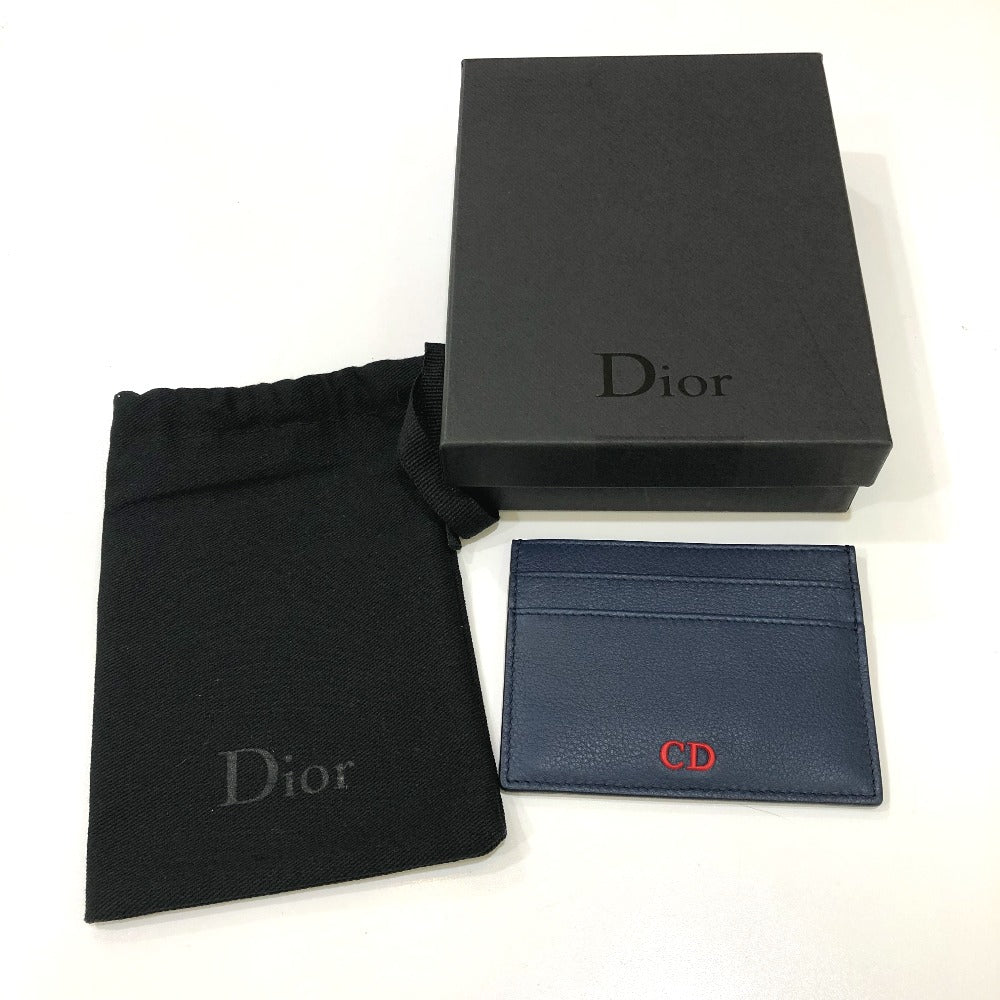 DIOR HOMME Card Case 06-BO-0115 leather Navy CD logo Business Card Holder Pass Case mens Used Authentic