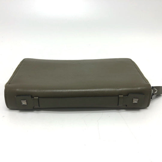 Valentino Garavani Long Wallet Purse leather khaki Rock studs double zip fastener mens Used Authentic