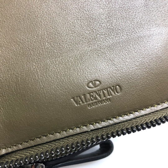 Valentino Garavani Long Wallet Purse leather khaki Rock studs double zip fastener mens Used Authentic