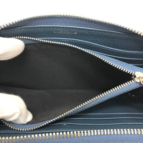 DIOR HOMME Long Wallet Purse leather Navy logo Zip Around mens Used Authentic