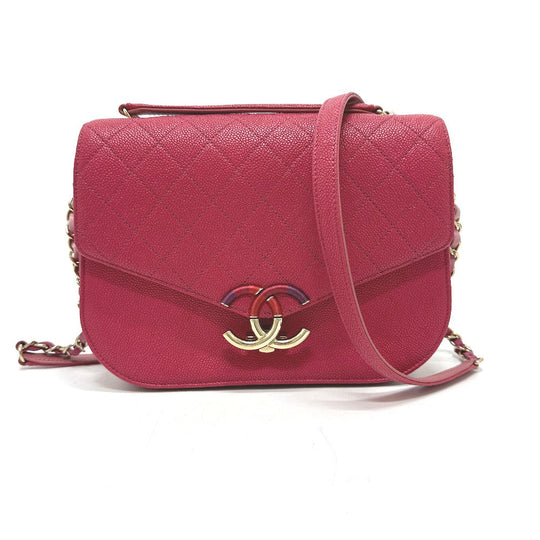 CHANEL Shoulder Bag Caviar skin Pink type COCO Mark CC coil Women Used Authentic