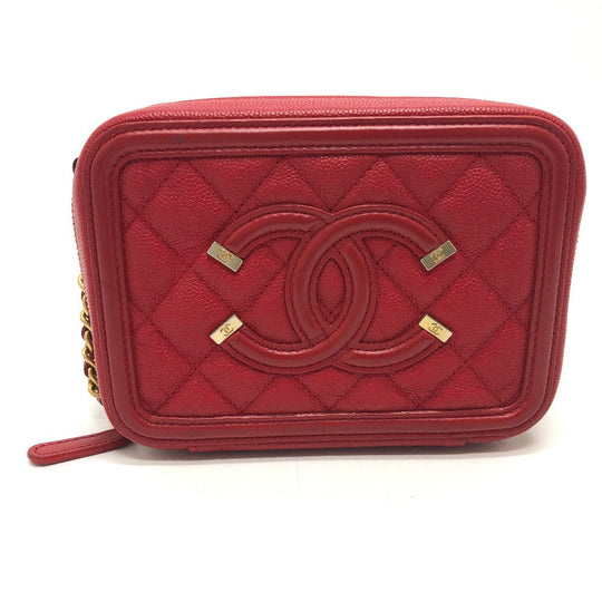 CHANEL Shoulder Bag A84452 Caviar skin Red CC filigree Matrasse Chain Women Used Authentic