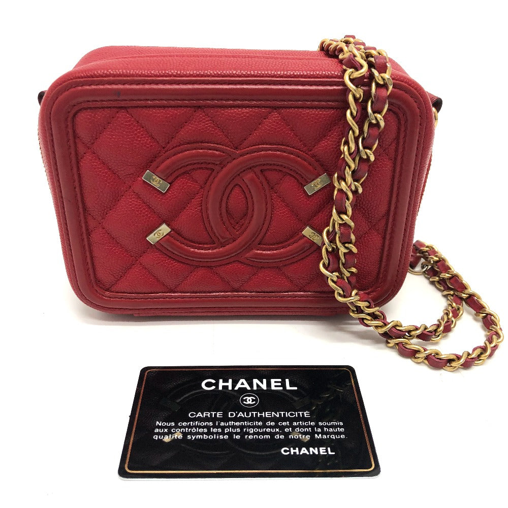 CHANEL Shoulder Bag A84452 Caviar skin Red CC filigree Matrasse Chain Women Used Authentic