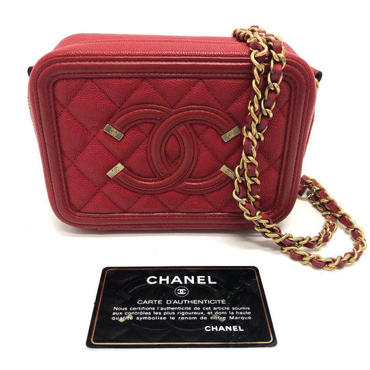 CHANEL Shoulder Bag A84452 Caviar skin Red CC filigree Matrasse Chain Women Used Authentic
