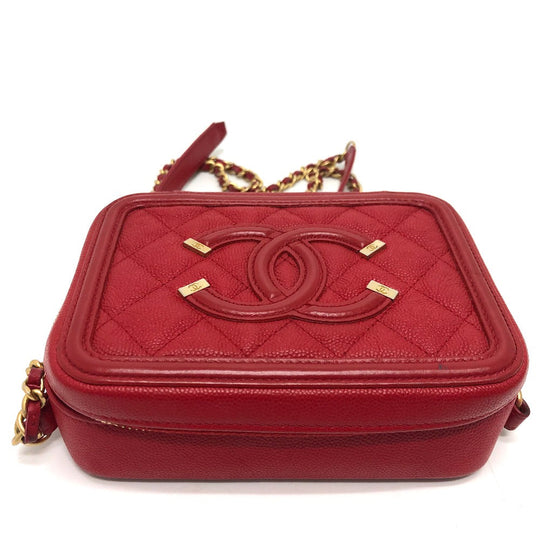 CHANEL Shoulder Bag A84452 Caviar skin Red CC filigree Matrasse Chain Women Used Authentic