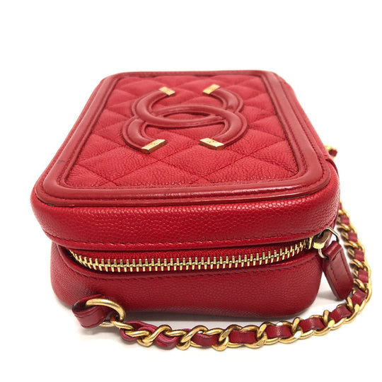 CHANEL Shoulder Bag A84452 Caviar skin Red CC filigree Matrasse Chain Women Used Authentic