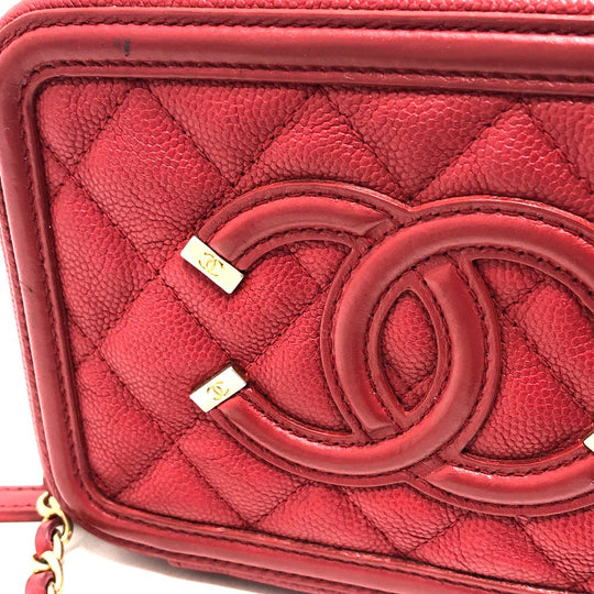 CHANEL Shoulder Bag A84452 Caviar skin Red CC filigree Matrasse Chain Women Used Authentic