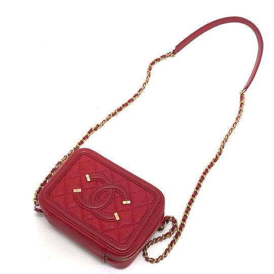 CHANEL Shoulder Bag A84452 Caviar skin Red CC filigree Matrasse Chain Women Used Authentic