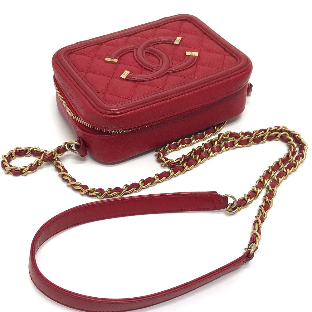 CHANEL Shoulder Bag A84452 Caviar skin Red CC filigree Matrasse Chain Women Used Authentic