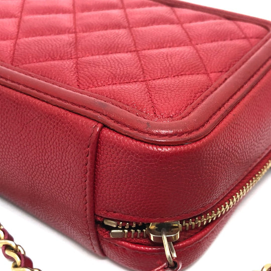 CHANEL Shoulder Bag A84452 Caviar skin Red CC filigree Matrasse Chain Women Used Authentic