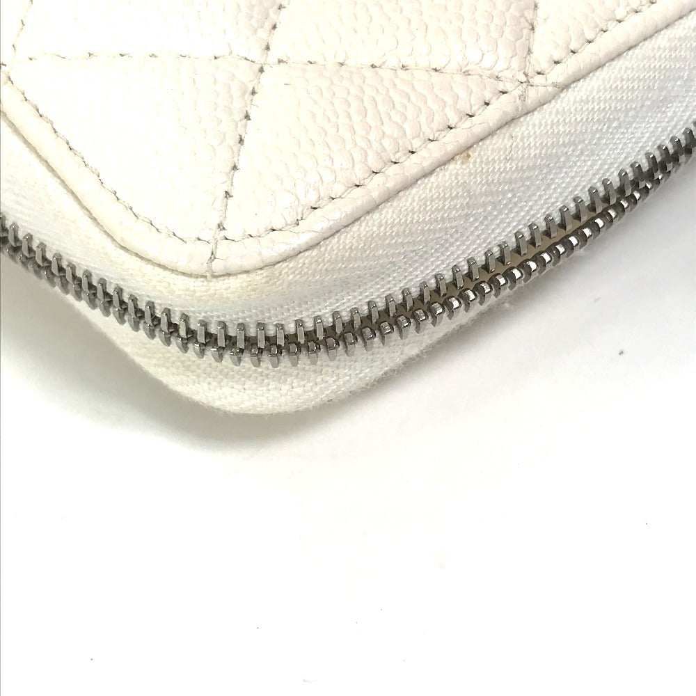 CHANEL Long Wallet Purse A50097 Caviar skin white Matelasse CC COCO Mark Zip Around Women Used Authentic