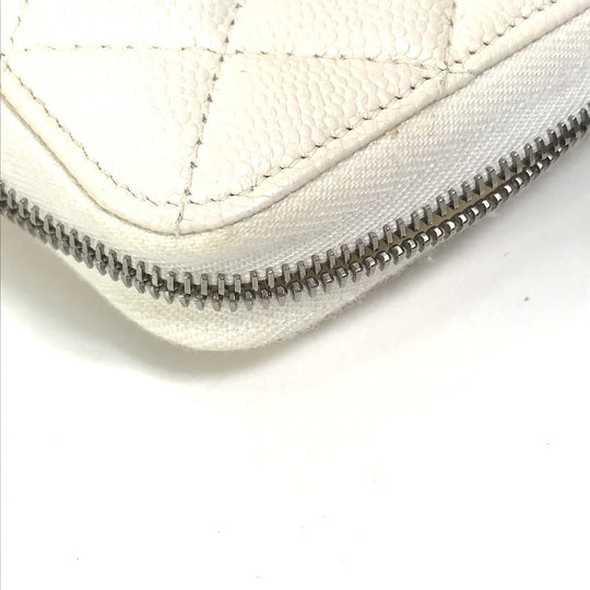CHANEL Long Wallet Purse A50097 Caviar skin white Matelasse CC COCO Mark Zip Around Women Used Authentic