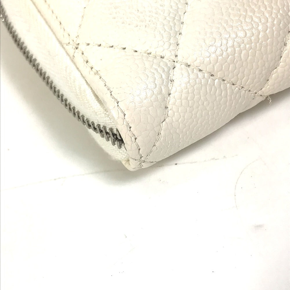 CHANEL Long Wallet Purse A50097 Caviar skin white Matelasse CC COCO Mark Zip Around Women Used Authentic
