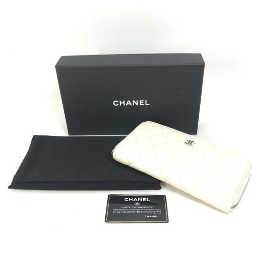 CHANEL Long Wallet Purse A50097 Caviar skin white Matelasse CC COCO Mark Zip Around Women Used Authentic