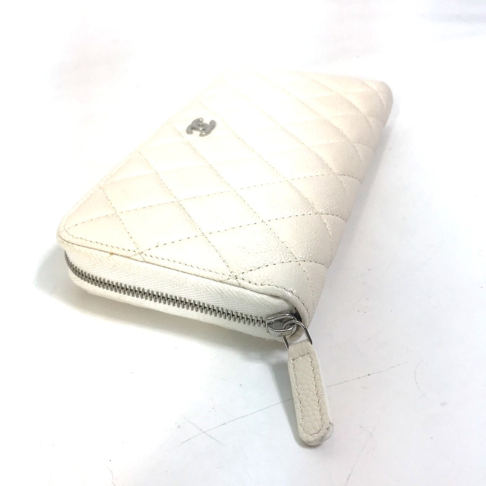CHANEL Long Wallet Purse A50097 Caviar skin white Matelasse CC COCO Mark Zip Around Women Used Authentic