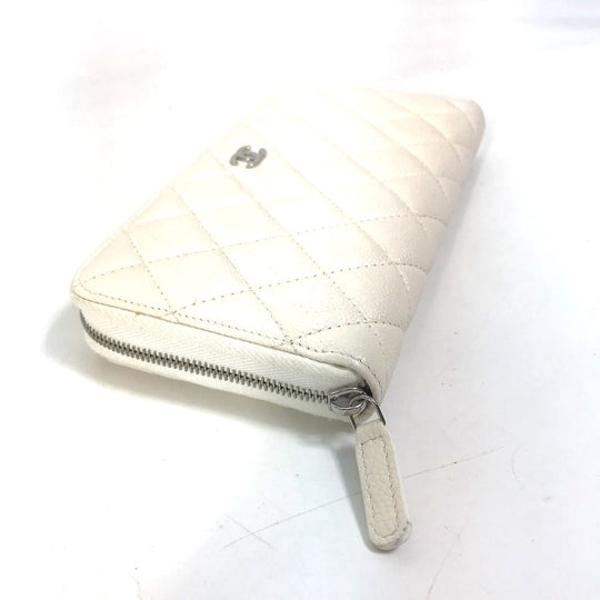 CHANEL Long Wallet Purse A50097 Caviar skin white Matelasse CC COCO Mark Zip Around Women Used Authentic