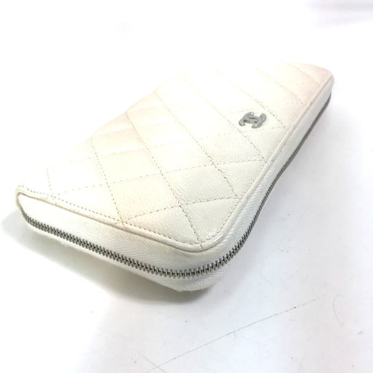 CHANEL Long Wallet Purse A50097 Caviar skin white Matelasse CC COCO Mark Zip Around Women Used Authentic