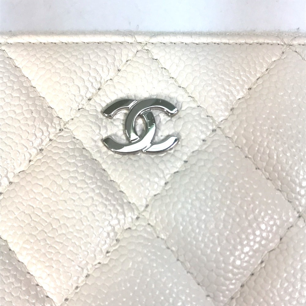 CHANEL Long Wallet Purse A50097 Caviar skin white Matelasse CC COCO Mark Zip Around Women Used Authentic