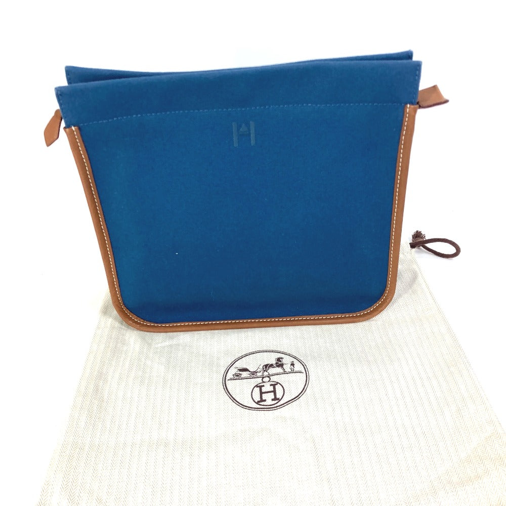 HERMES Clutch bag Canvas / leather Navy Embroidery logo Camille mens Used Authentic