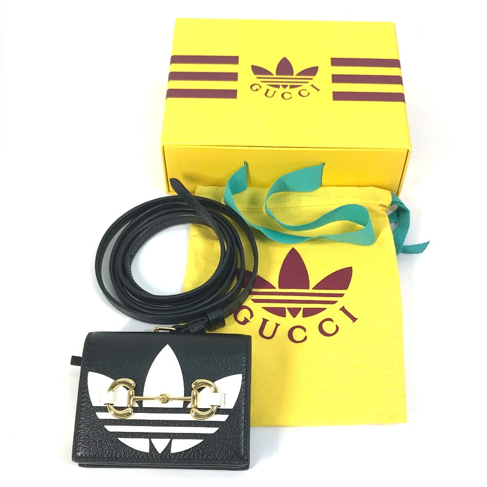 GUCCI Folded wallet 702248 leather black logo adidas collaboration Shoulder wallet Women Used Authentic