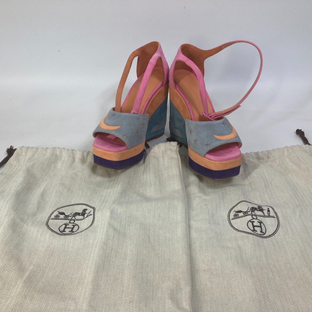 HERMES Sandals suede multicolor Shoes heel wedge sole moon star moon star Women 36 Used Authentic