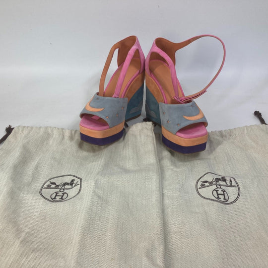 HERMES Sandals suede multicolor Shoes heel wedge sole moon star moon star Women 36 Used Authentic