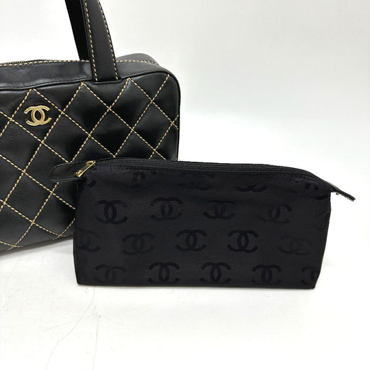CHANEL Handbag Calfskin black CC COCO Mark Wild stitch Women Used Authentic