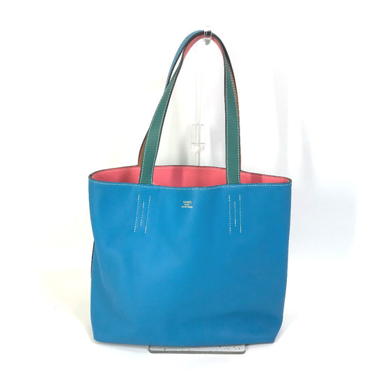 HERMES Tote Bag Leather, Vokissim Blue Zanzibar / Malachite double sense 35 Reversible by color Women Used Authentic