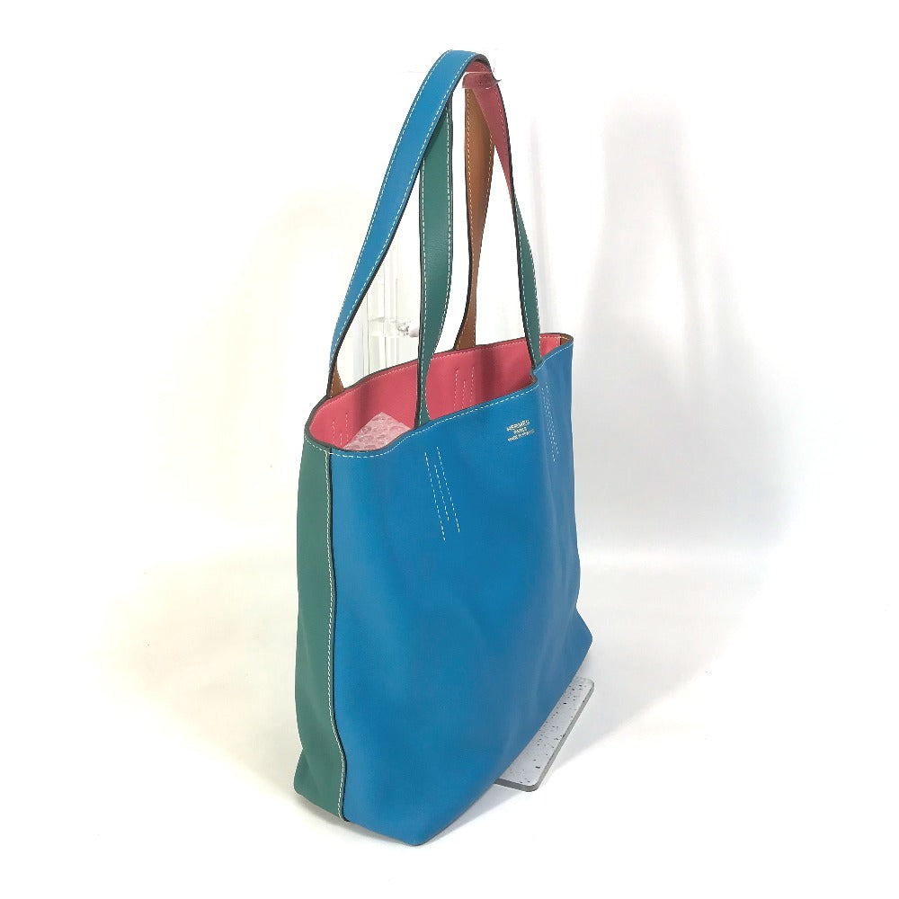 HERMES Tote Bag Leather, Vokissim Blue Zanzibar / Malachite double sense 35 Reversible by color Women Used Authentic