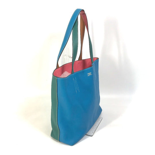 HERMES Tote Bag Leather, Vokissim Blue Zanzibar / Malachite double sense 35 Reversible by color Women Used Authentic