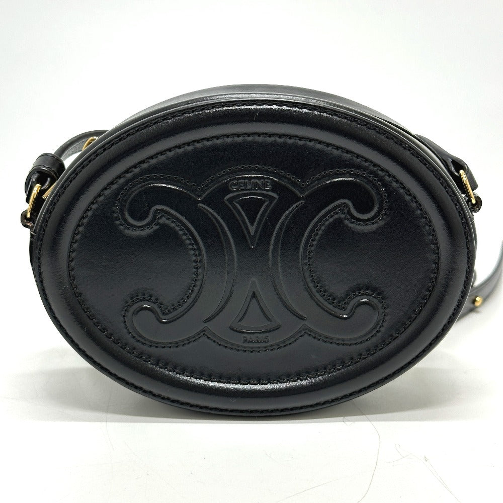 CELINE Shoulder Bag leather black Triomphe Oval Purse Cuir Women Used Authentic