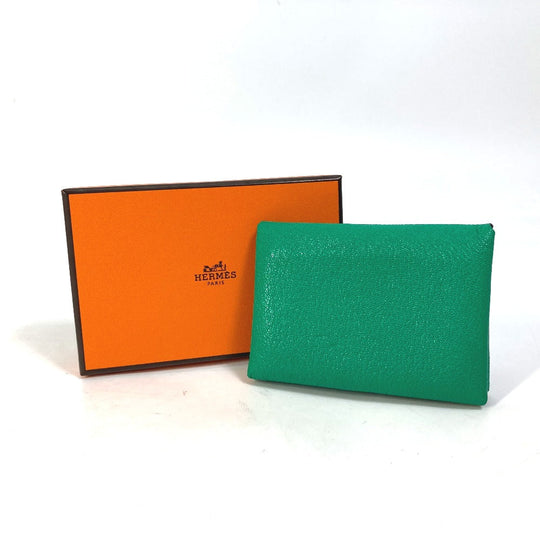 HERMES Card Case Shave green Coin Pocket Coin case Card Case Calvi duo Women Used Authentic