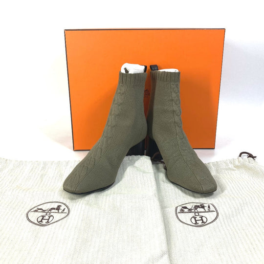 HERMES boots Knit / leather khaki short boots Volver 60 Women 37 Used Authentic