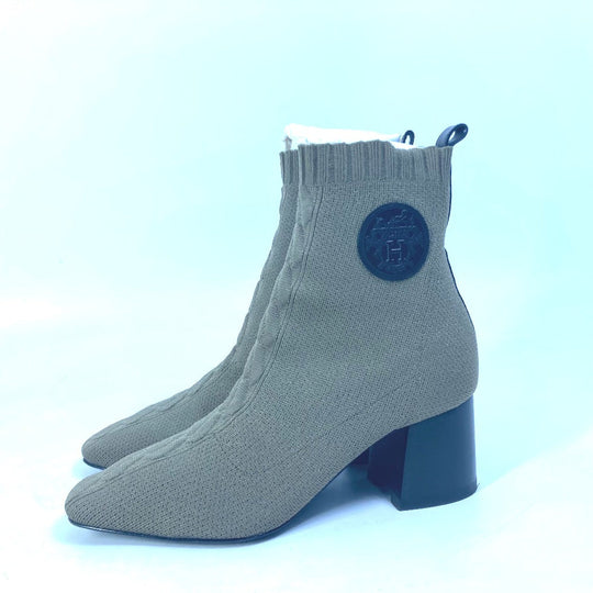 HERMES boots Knit / leather khaki short boots Volver 60 Women 37 Used Authentic