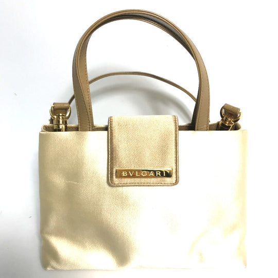 BVLGARI Shoulder Bag Satin beige logo Mini handbag Women Used Authentic
