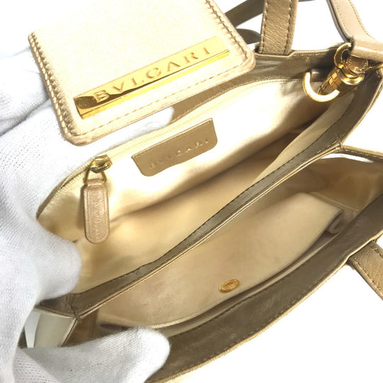 BVLGARI Shoulder Bag Satin beige logo Mini handbag Women Used Authentic