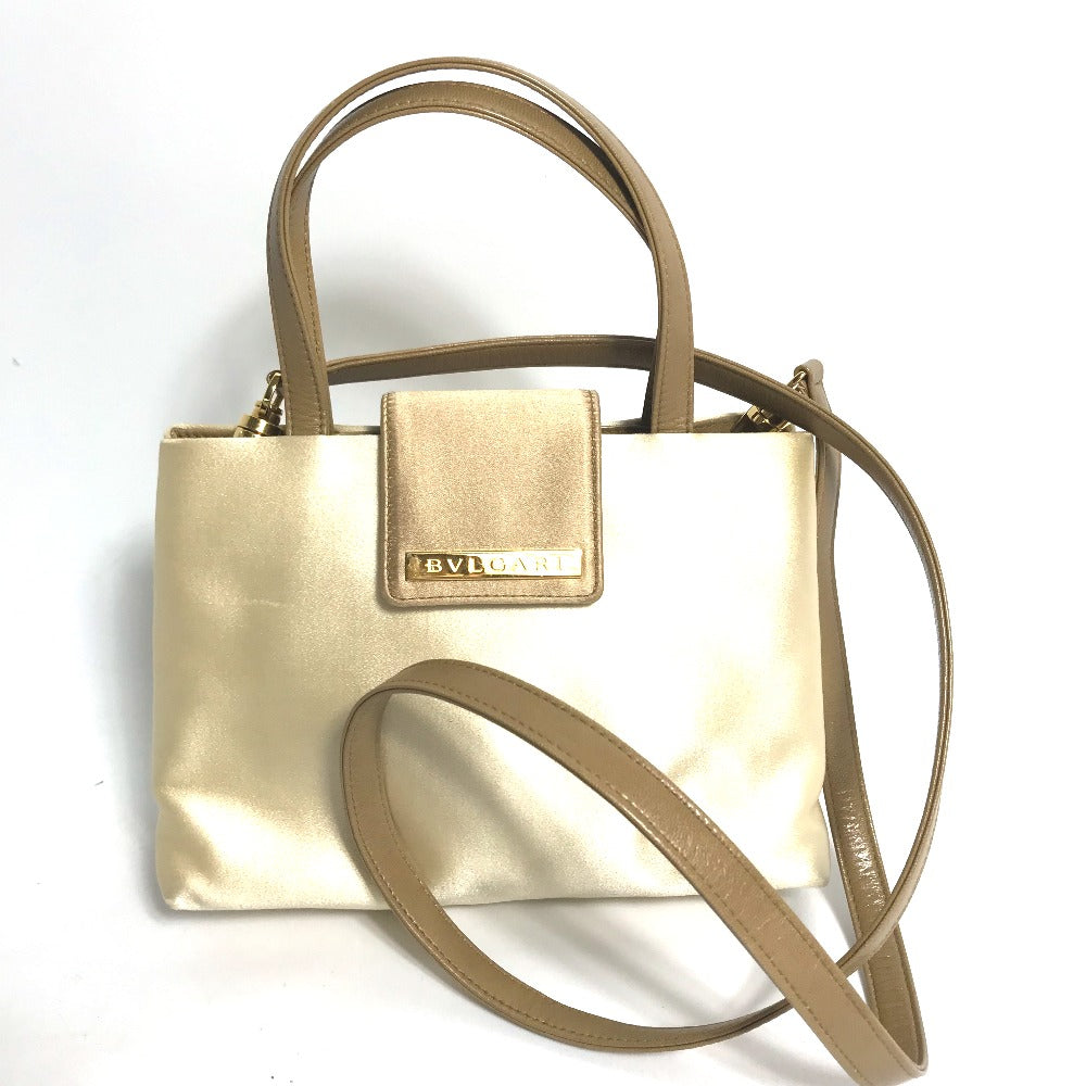 BVLGARI Shoulder Bag Satin beige logo Mini handbag Women Used Authentic