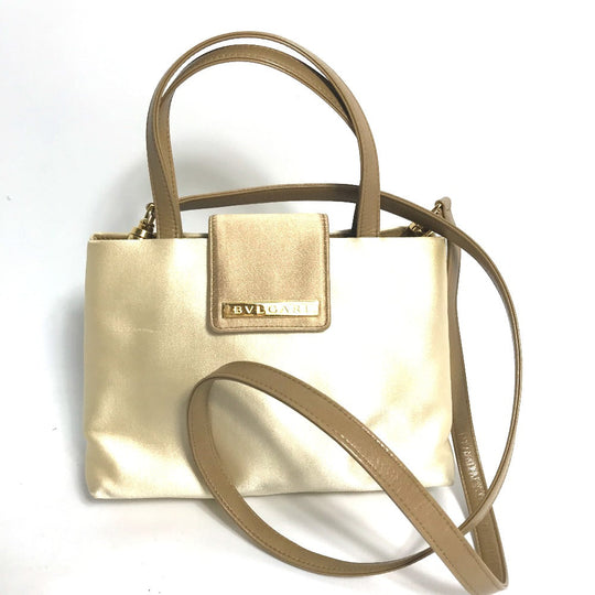 BVLGARI Shoulder Bag Satin beige logo Mini handbag Women Used Authentic