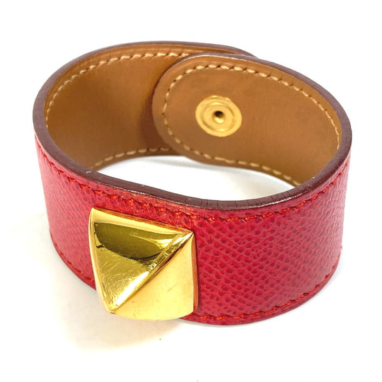 HERMES bracelet Leather, Gold Plated Red Bangle Medor Women Used Authentic