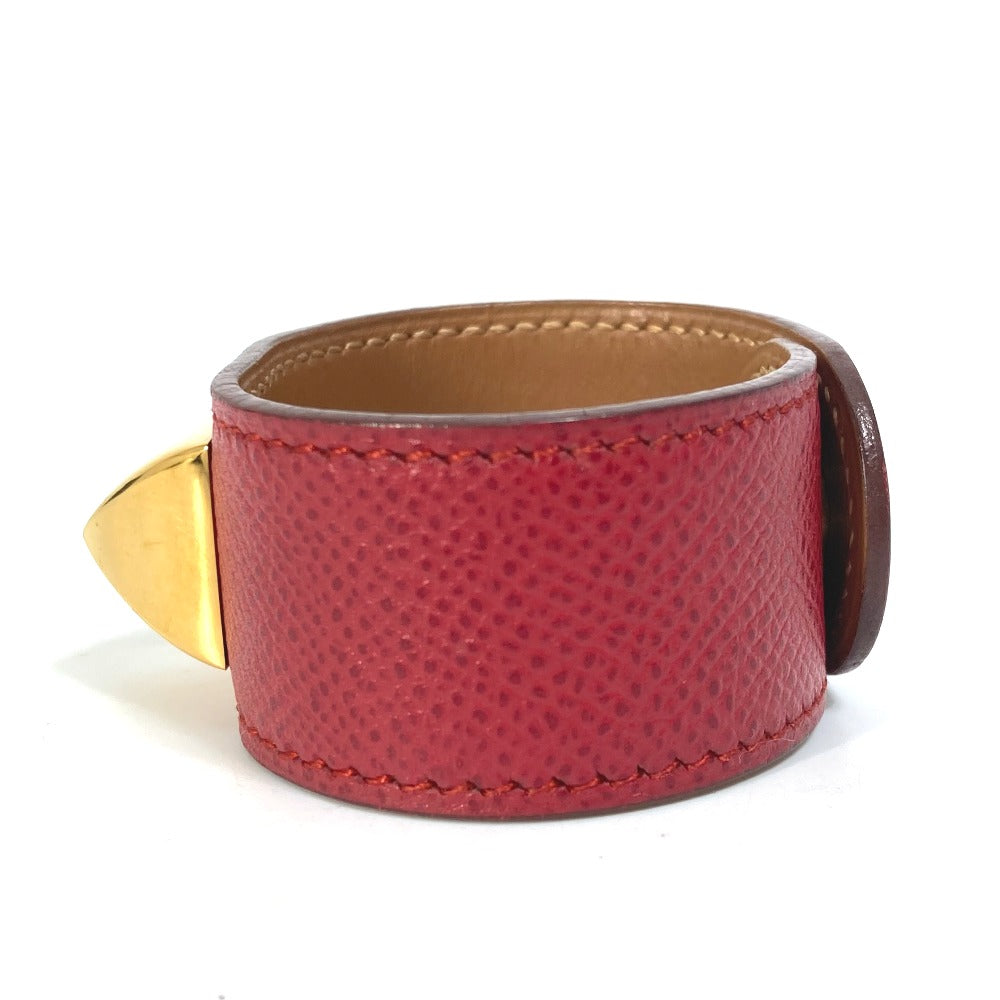 HERMES bracelet Leather, Gold Plated Red Bangle Medor Women Used Authentic