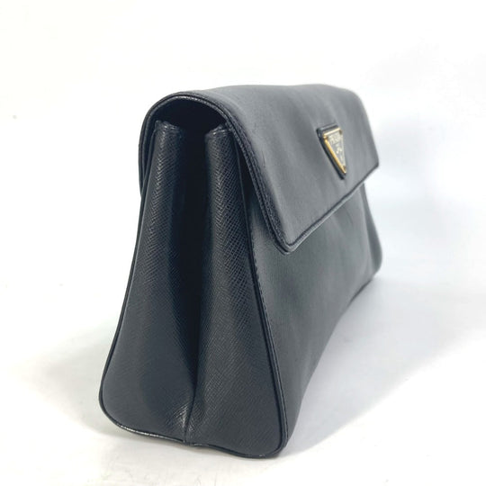 PRADA Clutch bag saffiano leather black Triangle logo plate Women Used Authentic
