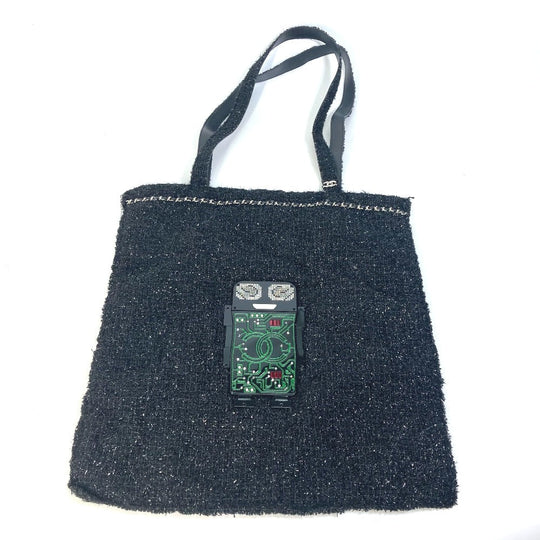 CHANEL Tote Bag A94646 tweed black CC COCO Mark Rhinestone Pearl Robot Large Chain Women Used Authentic