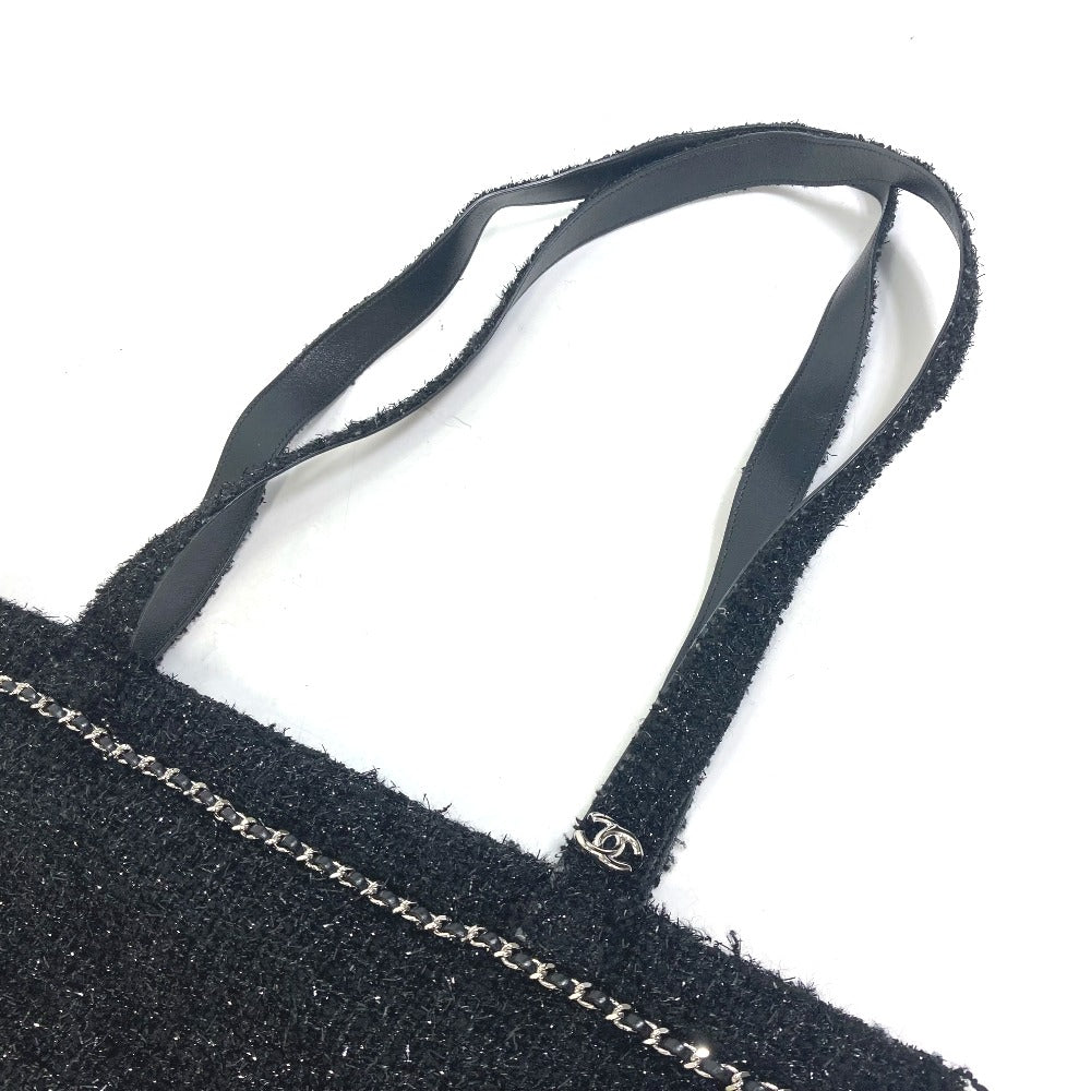 CHANEL Tote Bag A94646 tweed black CC COCO Mark Rhinestone Pearl Robot Large Chain Women Used Authentic