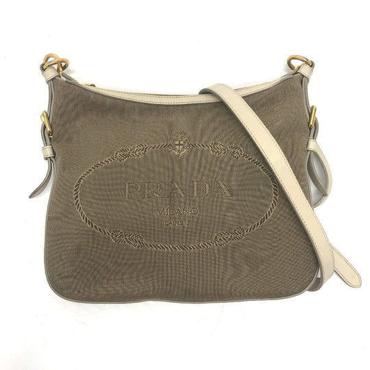 PRADA Shoulder Bag BT0706 Canvas / leather beige logo Jacquard Women Used Authentic