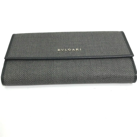 BVLGARI Long Wallet Purse 33385 PVC leather gray W Hook Wallet  logo Women Used Authentic