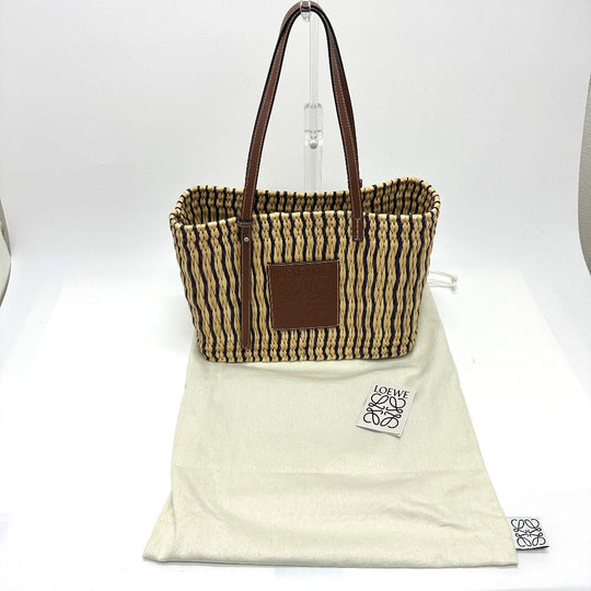 LOEWE Tote Bag Straw / leather beige square anagram Straw bag Women Used Authentic