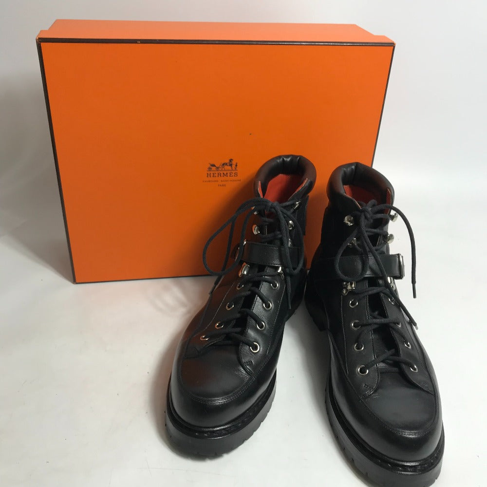 HERMES boots leather black trekking High cut H logo mens 40 Used Authentic