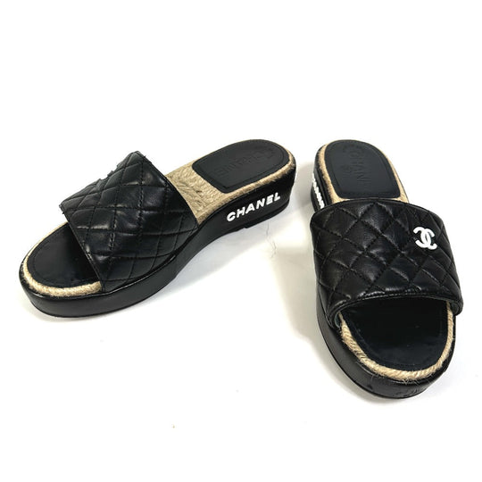 CHANEL Sandals G35925 lambskin black COCO Mark CC Matrasse quilting 36C