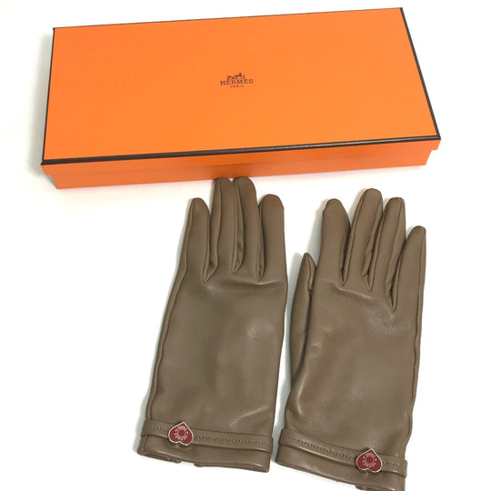 HERMES gloves Lamb leather Gray type heart Dream love Women 6.5 Used Authentic