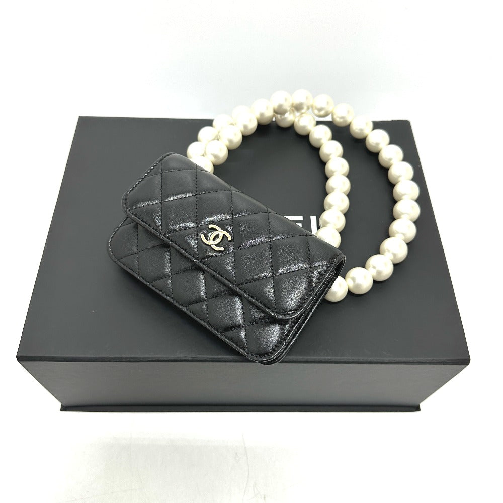 CHANEL Shoulder Bag lambskin black CC COCO Mark Pearl Shoulder Women Used Authentic